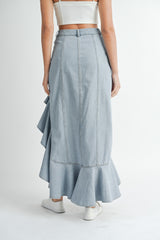 Fit And Flare Ruffle Detail Maxi Denim Skirt