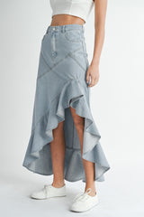 Fit And Flare Ruffle Detail Maxi Denim Skirt