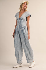 Denim Short Sleeve Pintucked Waist Barrel Jumpsuit