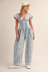 Denim Short Sleeve Pintucked Waist Barrel Jumpsuit