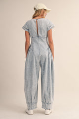 Denim Short Sleeve Pintucked Waist Barrel Jumpsuit