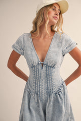 Denim Short Sleeve Pintucked Waist Barrel Jumpsuit