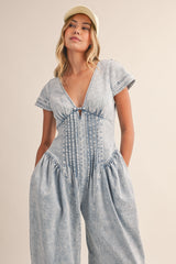 Denim Short Sleeve Pintucked Waist Barrel Jumpsuit