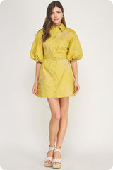 Embroidered Puff Sleeve Belted Mini Shirt Dress