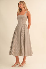 Striped Jumbo Back Buckle Piping Detail Midi Dress