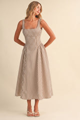 Striped Jumbo Back Buckle Piping Detail Midi Dress