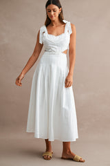 Solid Self Tie Strap Lace Trim Cut Out Waist Midi Dress