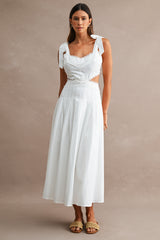 Solid Self Tie Strap Lace Trim Cut Out Waist Midi Dress