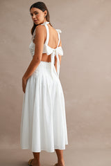 Solid Self Tie Strap Lace Trim Cut Out Waist Midi Dress