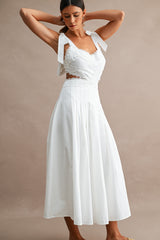 Solid Self Tie Strap Lace Trim Cut Out Waist Midi Dress