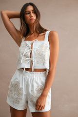 Floral Embroidered Front Self Tie Crop Top And Shorts Set