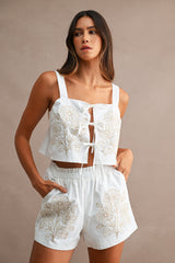 Floral Embroidered Front Self Tie Crop Top And Shorts Set