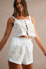 Floral Embroidered Front Self Tie Crop Top And Shorts Set