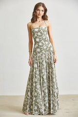 Halter Floral Embroidery Maxi Dress