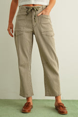Striped Pattern Washed Barrel Pants With Belt