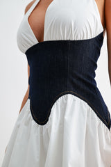 Denim Contrast Halter Mini Dress
