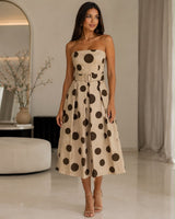 Strapless Belted Polka Dot Midi Dress