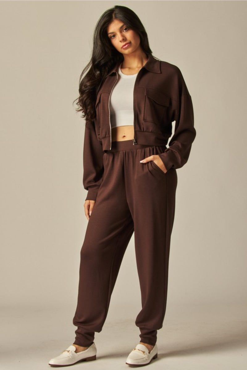 Double Soft Cropped Zip-Up Jacket & Cuff Pant Set