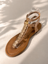 Gilded Leaf T-Strap Flat Sandals