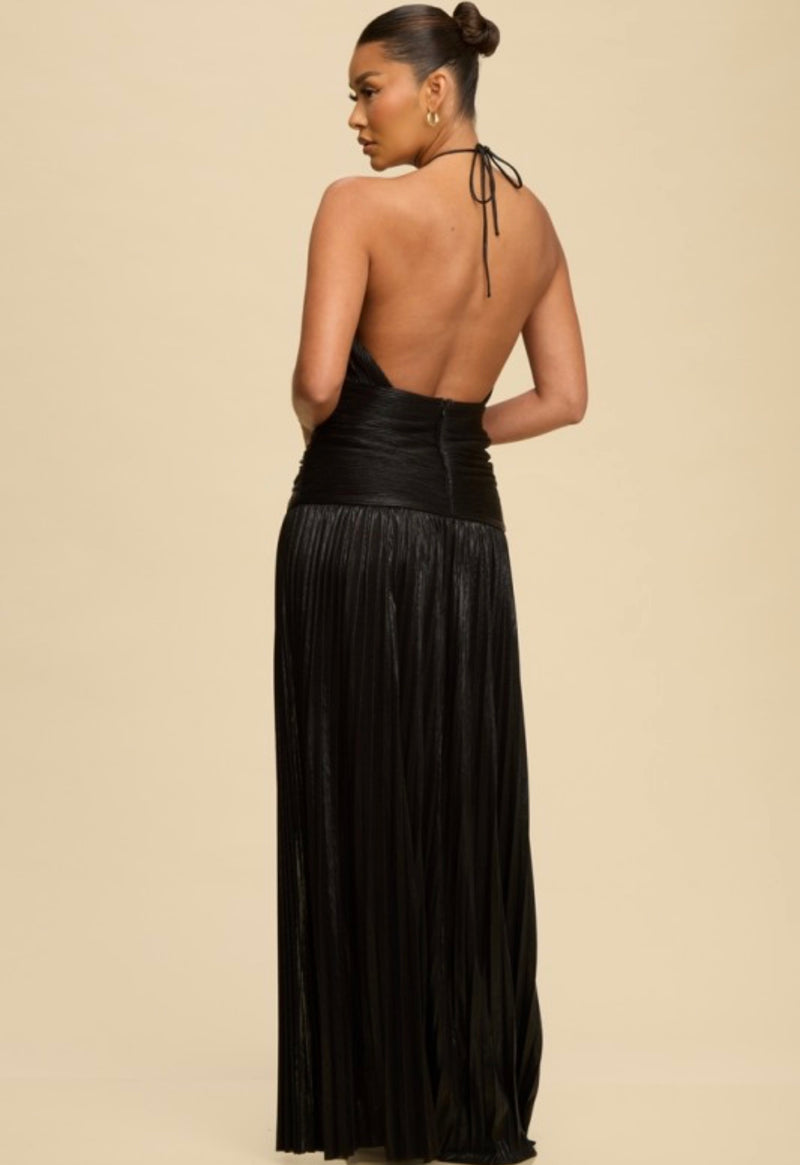 black metallic maxi dress Black Ruched Metallic Maxi Dress