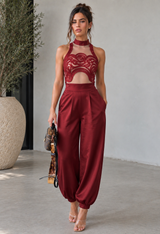 Spiral Brocade Halter Top And Tapered Pant Set