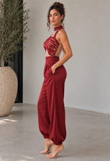 Spiral Brocade Halter Top And Tapered Pant Set