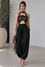 Spiral Brocade Halter Top And Tapered Pant Set