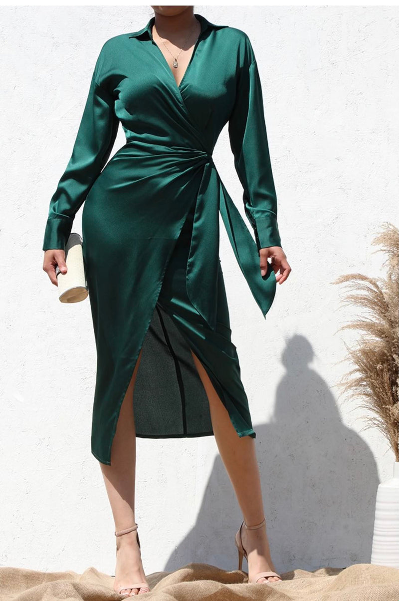 satin long sleeve wrap midi dress Coast Women's Satin Fringe Hem Wrap Waist Midi Dress in Rose