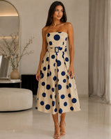 Strapless Belted Polka Dot Midi Dress