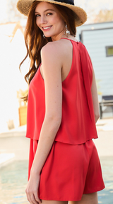 Waist Elastic Side Pocket Back Button Solid Romper