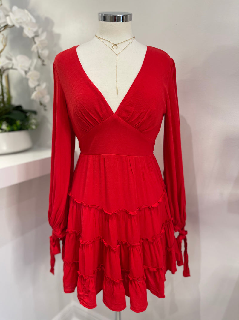 Red V Neck Ruffle Dress